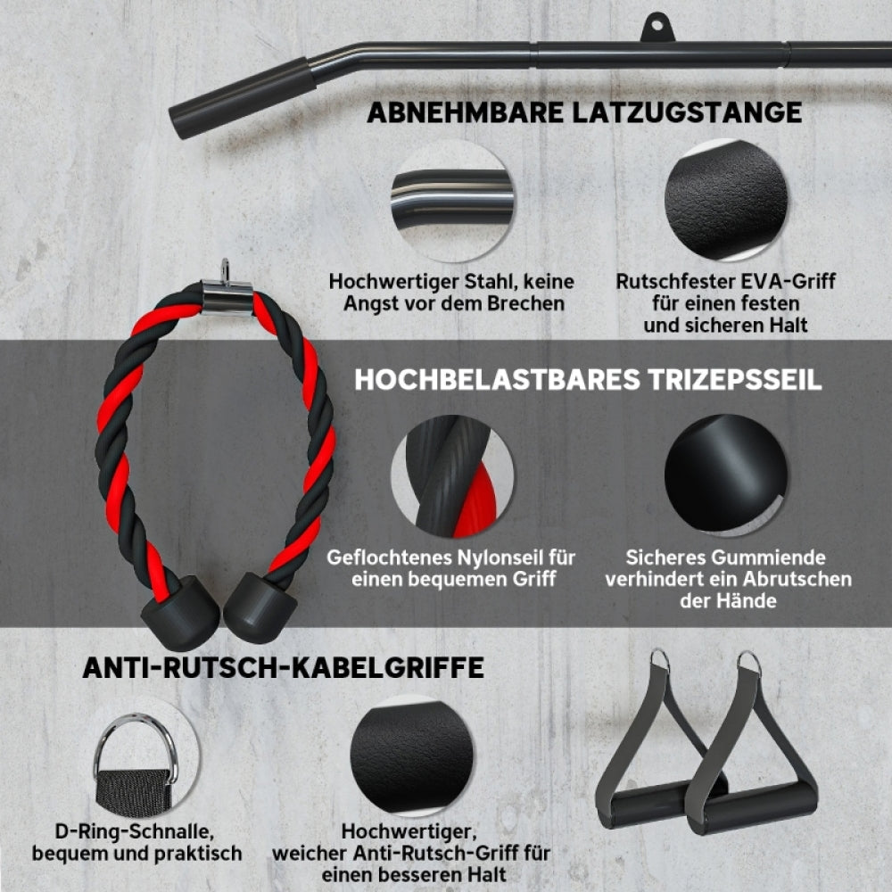 Zubehör Details: Abnehmbare Latzugstange, Trizeps-Tau und Anti-Rutsch-Griffe.