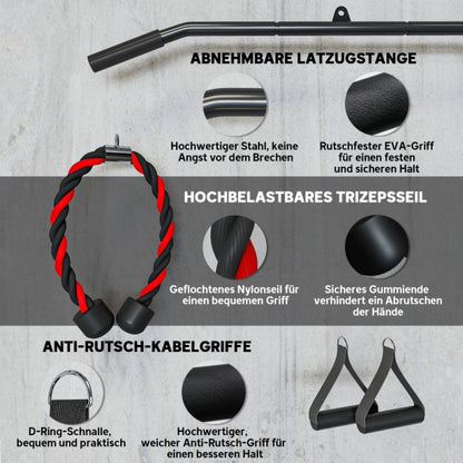 Zubehör Details: Abnehmbare Latzugstange, Trizeps-Tau und Anti-Rutsch-Griffe.