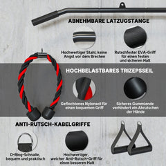 Zubehör Details: Abnehmbare Latzugstange, Trizeps-Tau und Anti-Rutsch-Griffe.