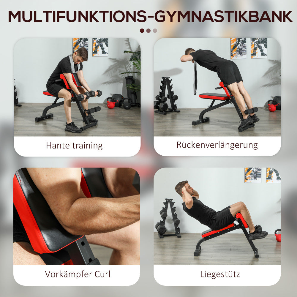 Übersicht der Übungen: Hanteltraining, Rückenstrecken (Hyperextension), Preacher Curls und Liegestütze.