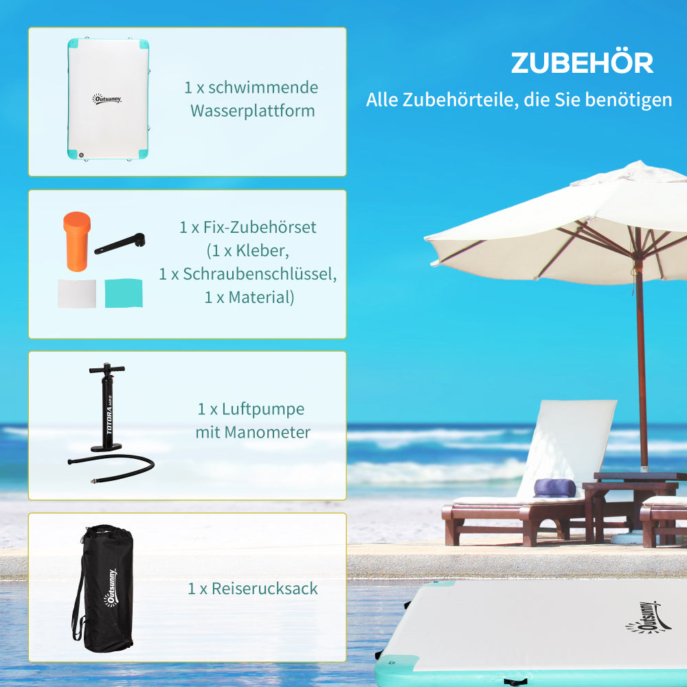 Übersicht des kompletten Zubehörs mit Pumpe, Tasche und Reparatur-Container am Strand.