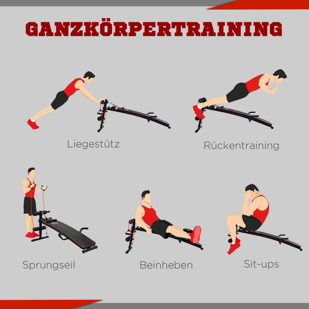Übungsanleitung: Grafik zeigt Liegestütze, Rückentraining und Sit-ups auf der Schrägbank.