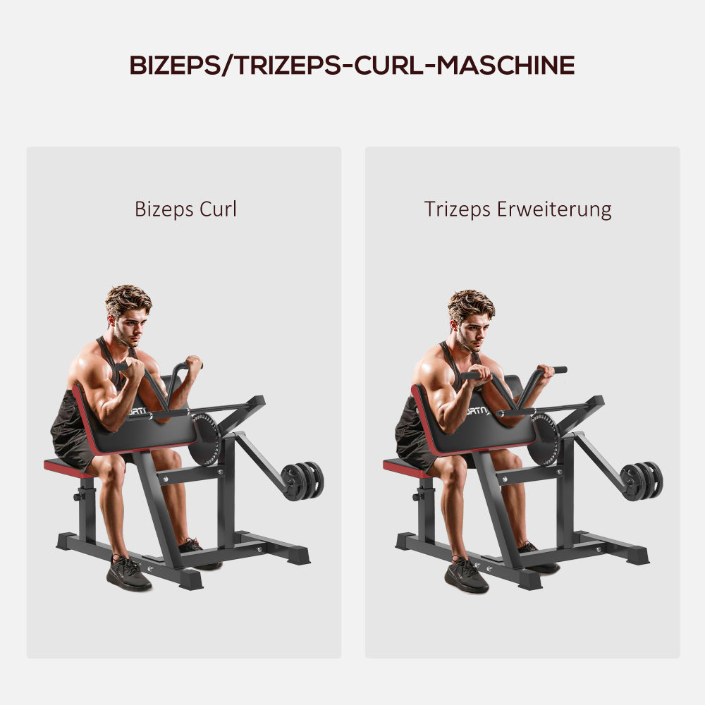 Übungsanleitung: Grafik zeigt Mann bei Bizeps Curls (Ziehen) und Trizeps Extensions (Drücken).