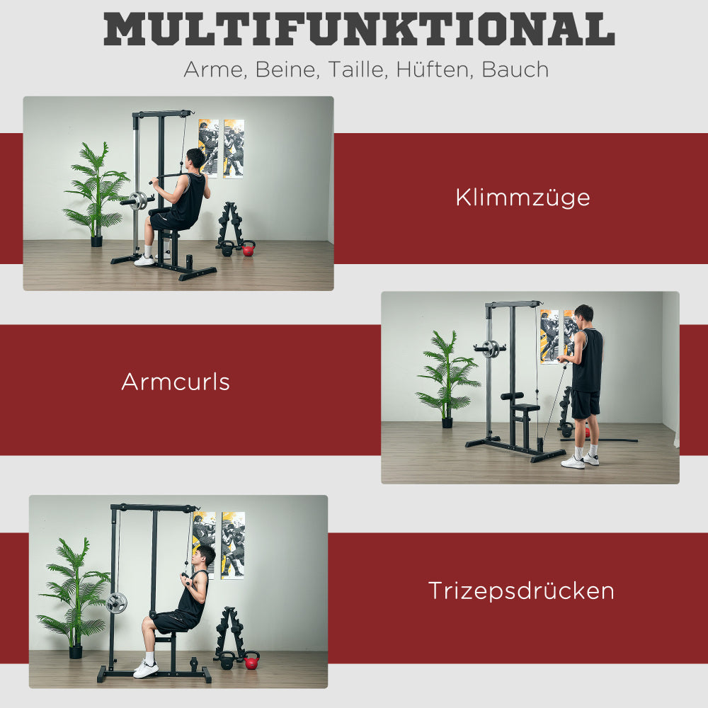 Übungsmöglichkeiten: Latzug (Rücken), Bizeps-Curls (Arme) und Trizepsdrücken.