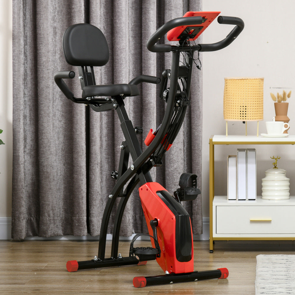 H102 Heimtrainer Rot – Faltbares X-Bike im modernen Wohnzimmer aufgestellt