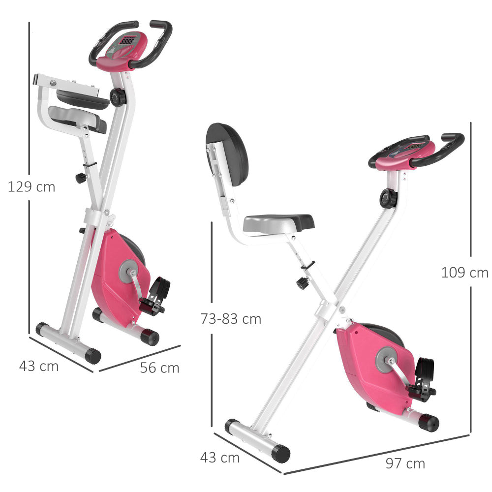 H103 Heimtrainer Pink Maße – Aufgebaut 129×43×56 cm, gefaltet 109×43×97 cm, Sitzhöhe 73–83 cm