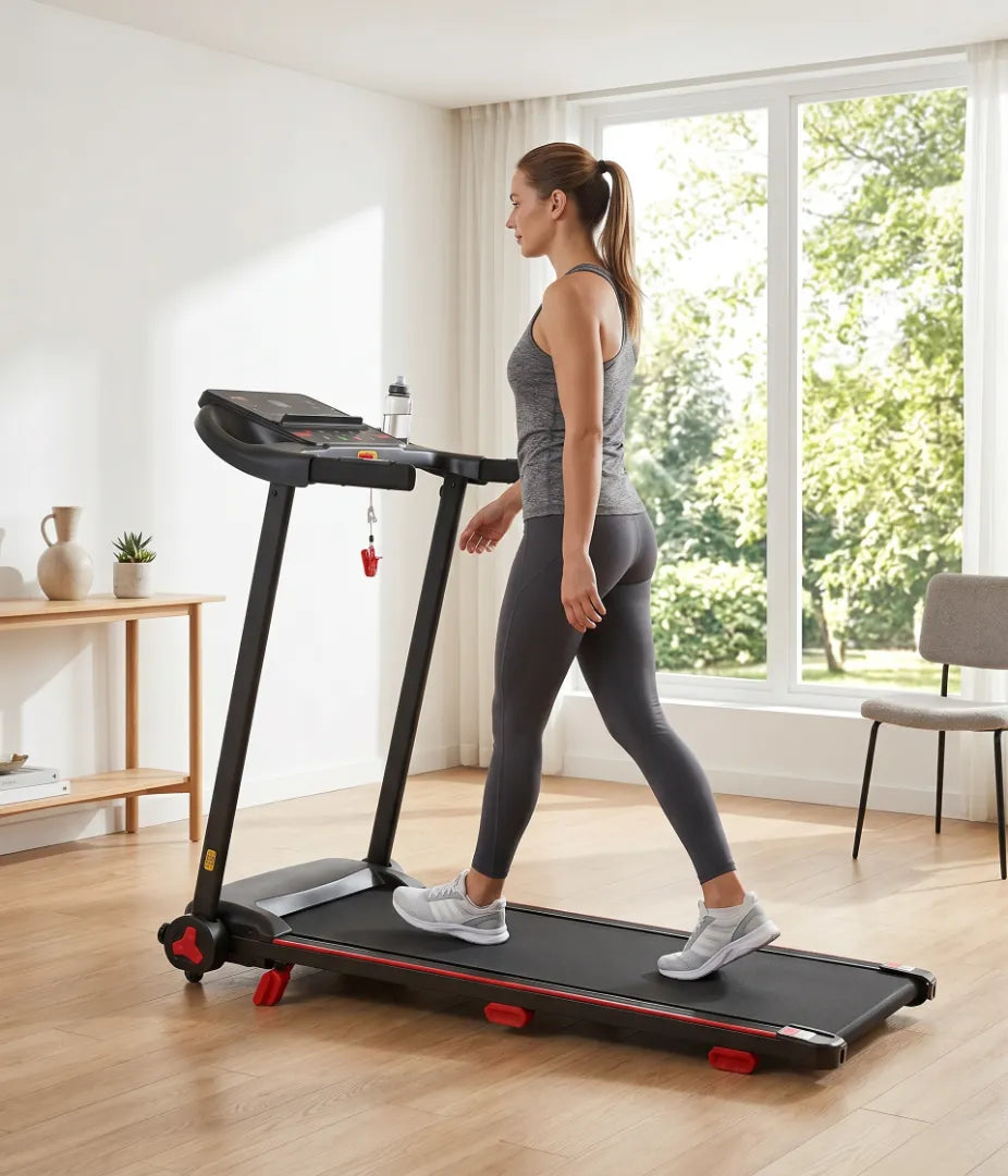 Frau läuft auf Sunjetfit Laufband im modernen Wohnzimmer – Heimfitness leicht gemacht