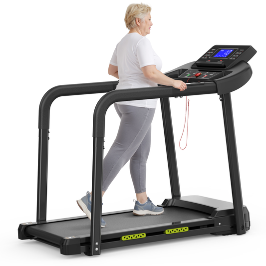 Sunjetfit S200 Senioren Laufband – Frau geht sicher mit beidseitigen Haltestangen und Sicherheitsclip