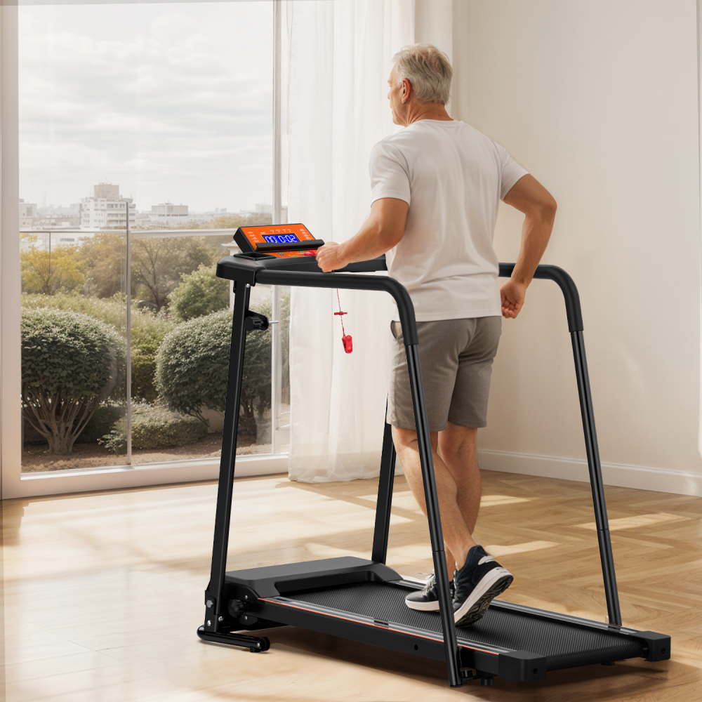 Sunjetfit Senioren Laufband S-Serie – Senior trainiert sicher mit Haltestangen am Fenster