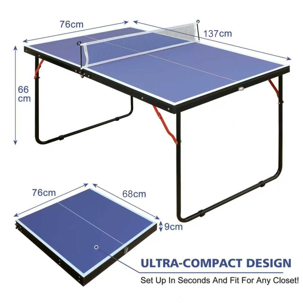 T100 Mini Tischtennisplatte Maße – 152 × 76 × 108 cm aufgebaut, 76 × 60 cm gefaltet