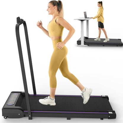 Sunjetfit W300 Walking Pad schwarz – Frau läuft in gelbem Outfit auf 2-in-1 Laufband