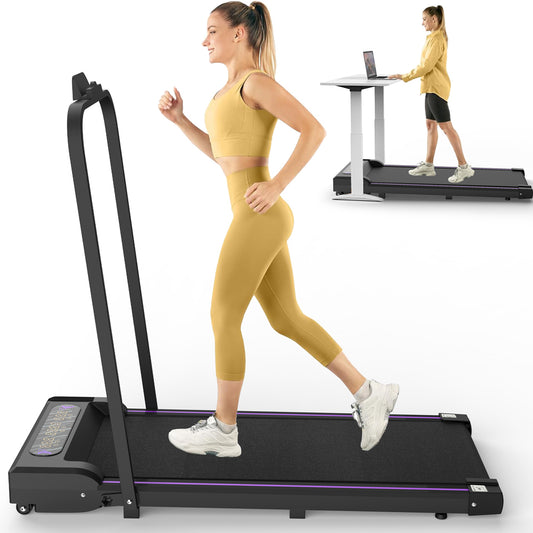 Sunjetfit W300 Walking Pad schwarz – Frau läuft in gelbem Outfit auf 2-in-1 Laufband