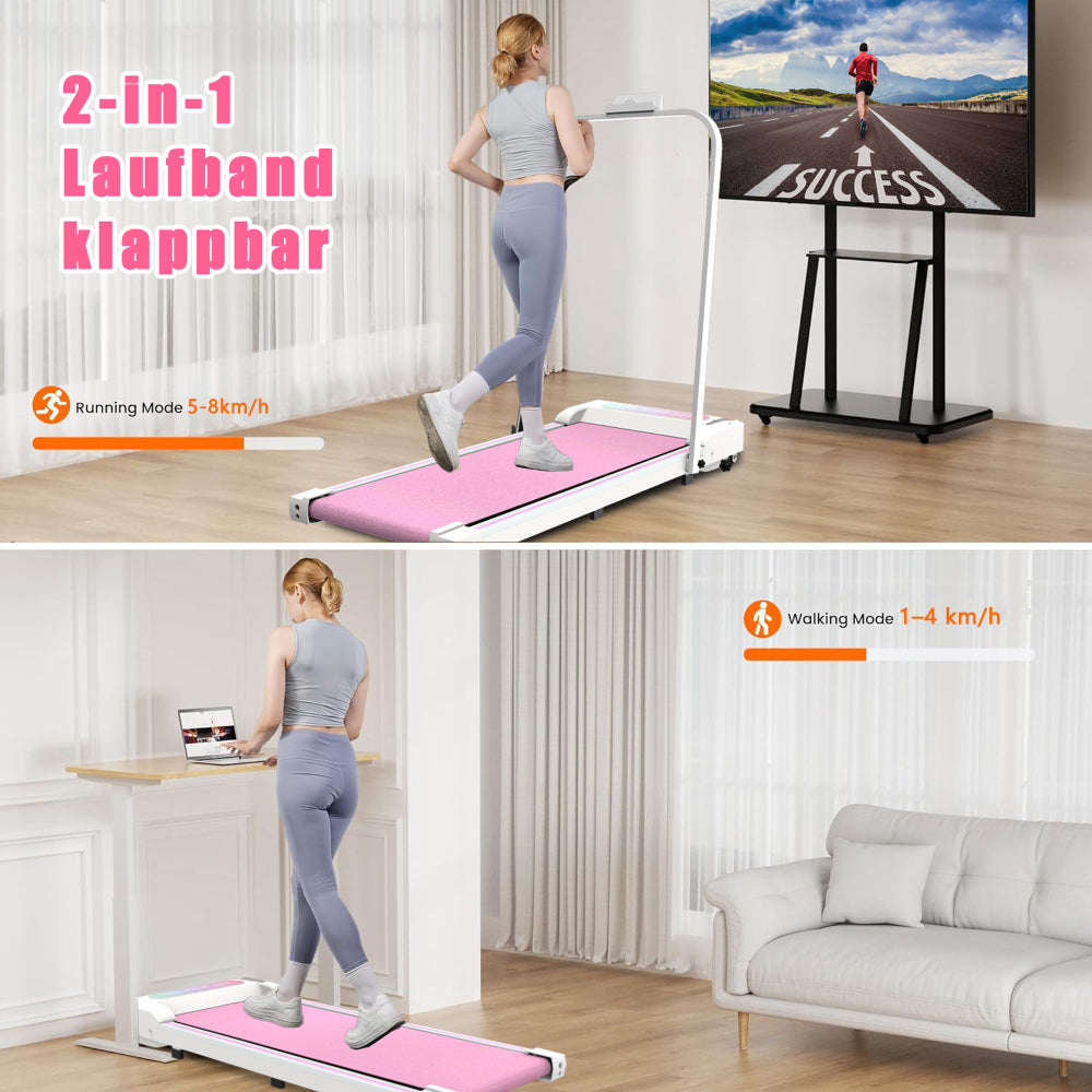W300 Walking Pad rosa 2-in-1 – Nutzung am Schreibtisch und im Wohnzimmer